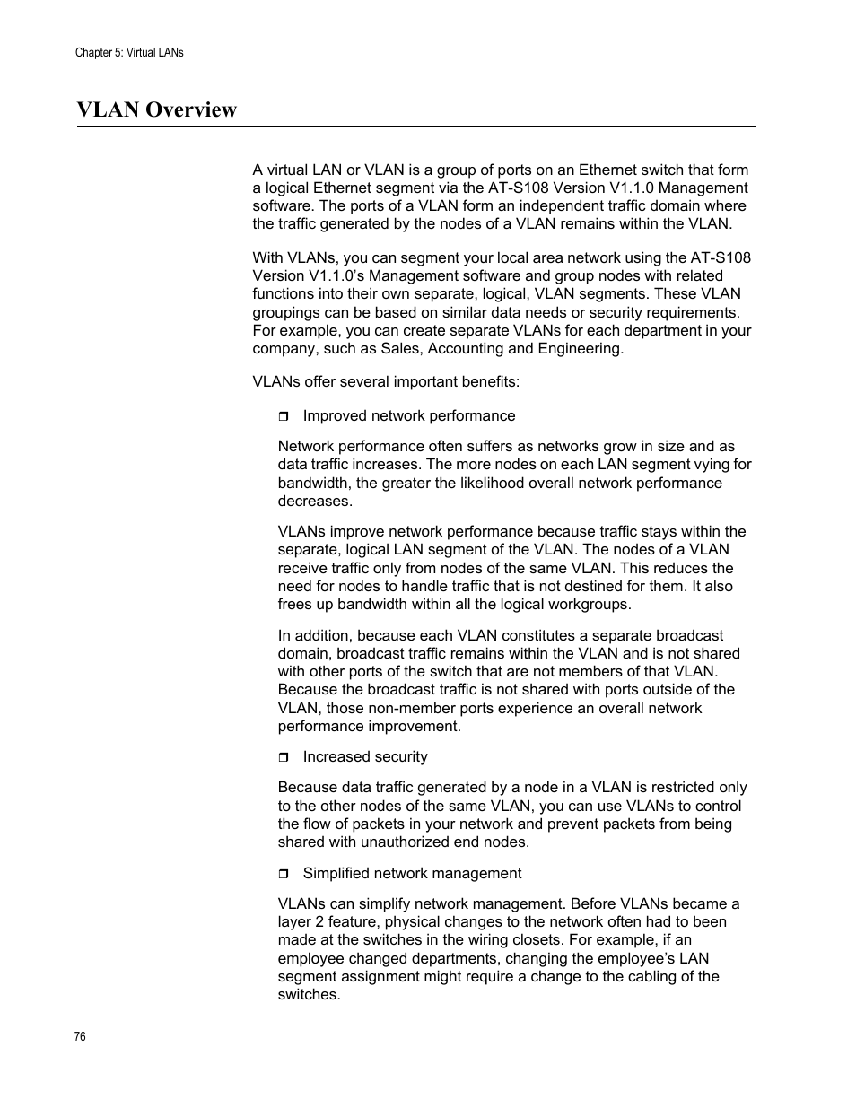 Vlan overview | Allied Telesis AT-GS950/16 User Manual | Page 76 / 364