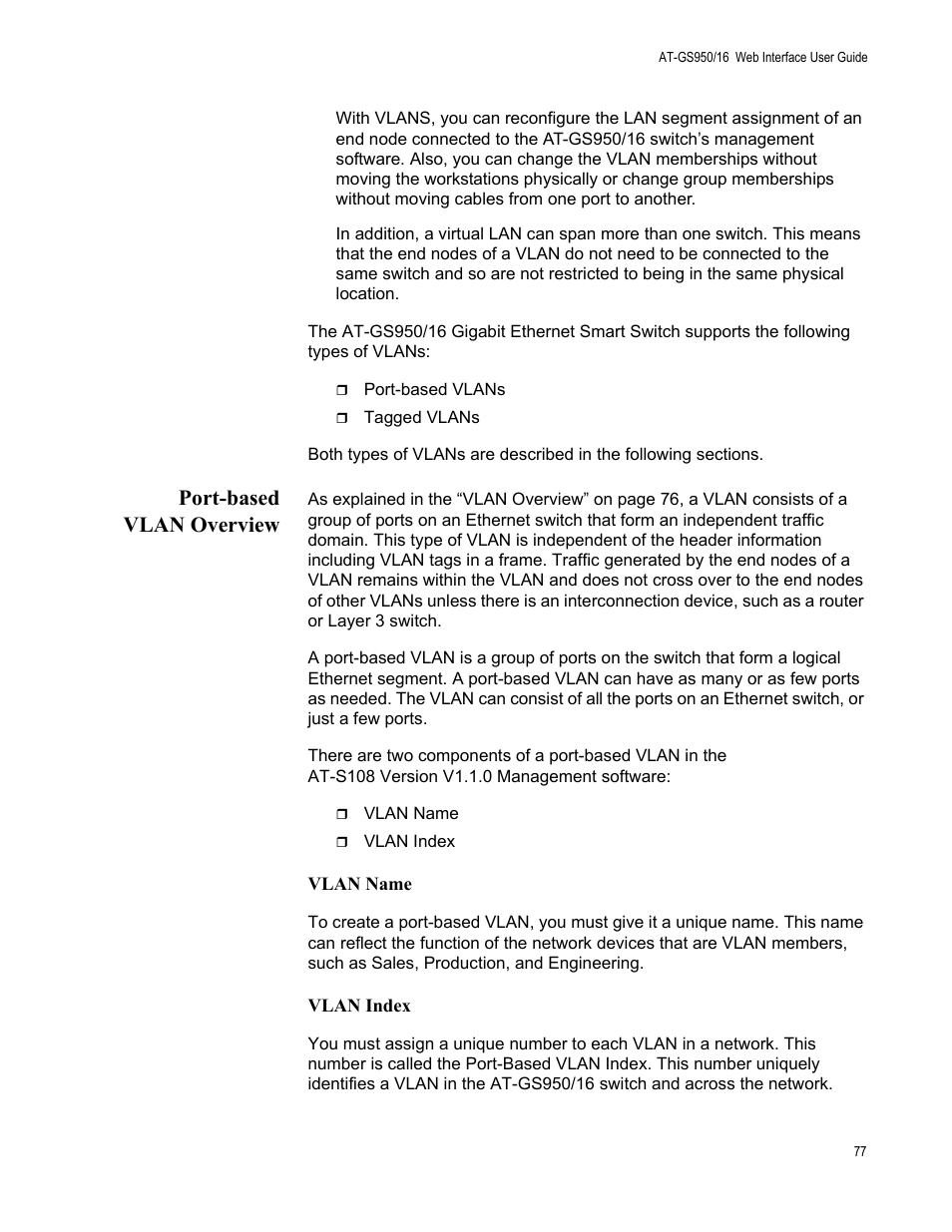 Port-based vlan overview | Allied Telesis AT-GS950/16 User Manual | Page 77 / 364