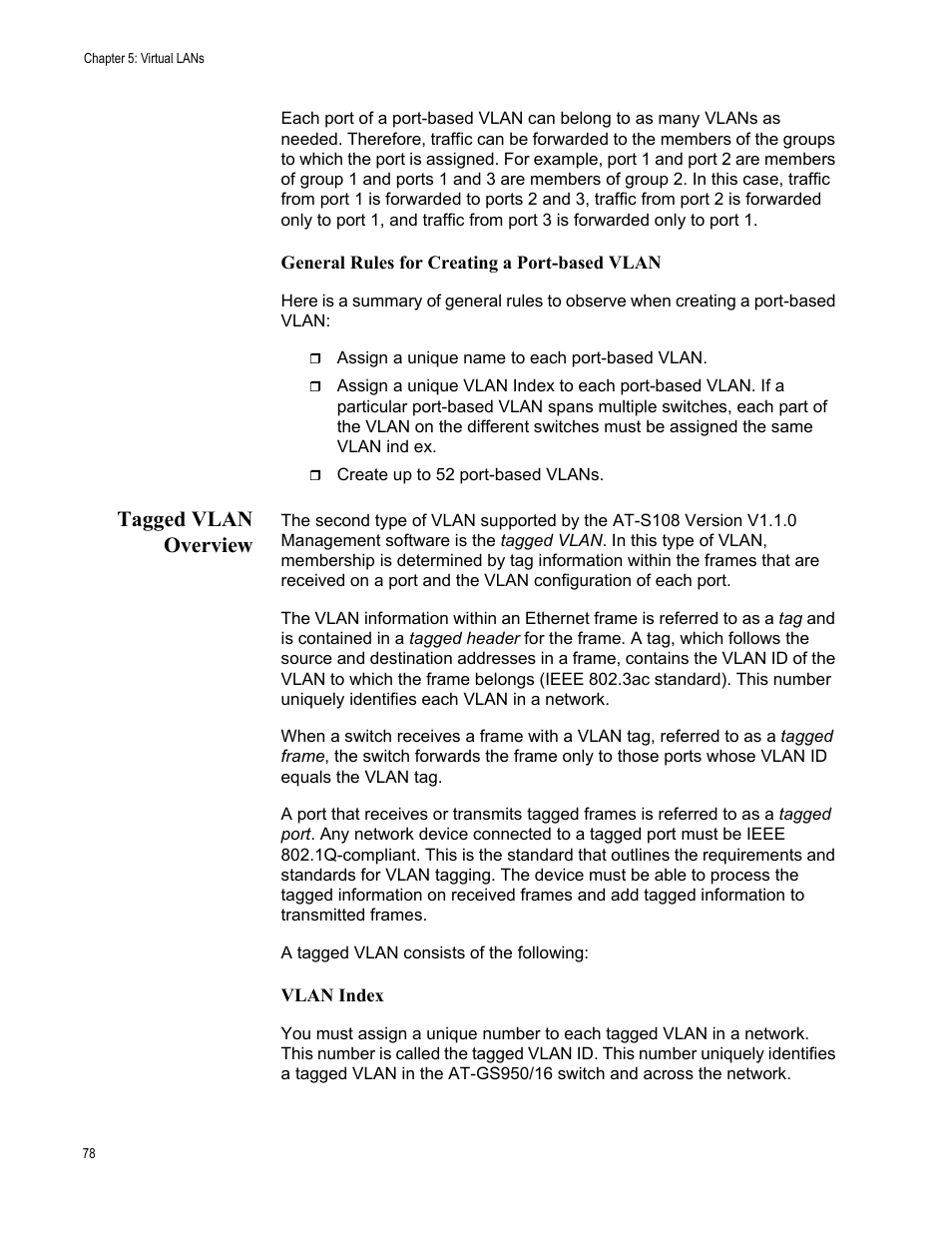 Tagged vlan overview | Allied Telesis AT-GS950/16 User Manual | Page 78 / 364