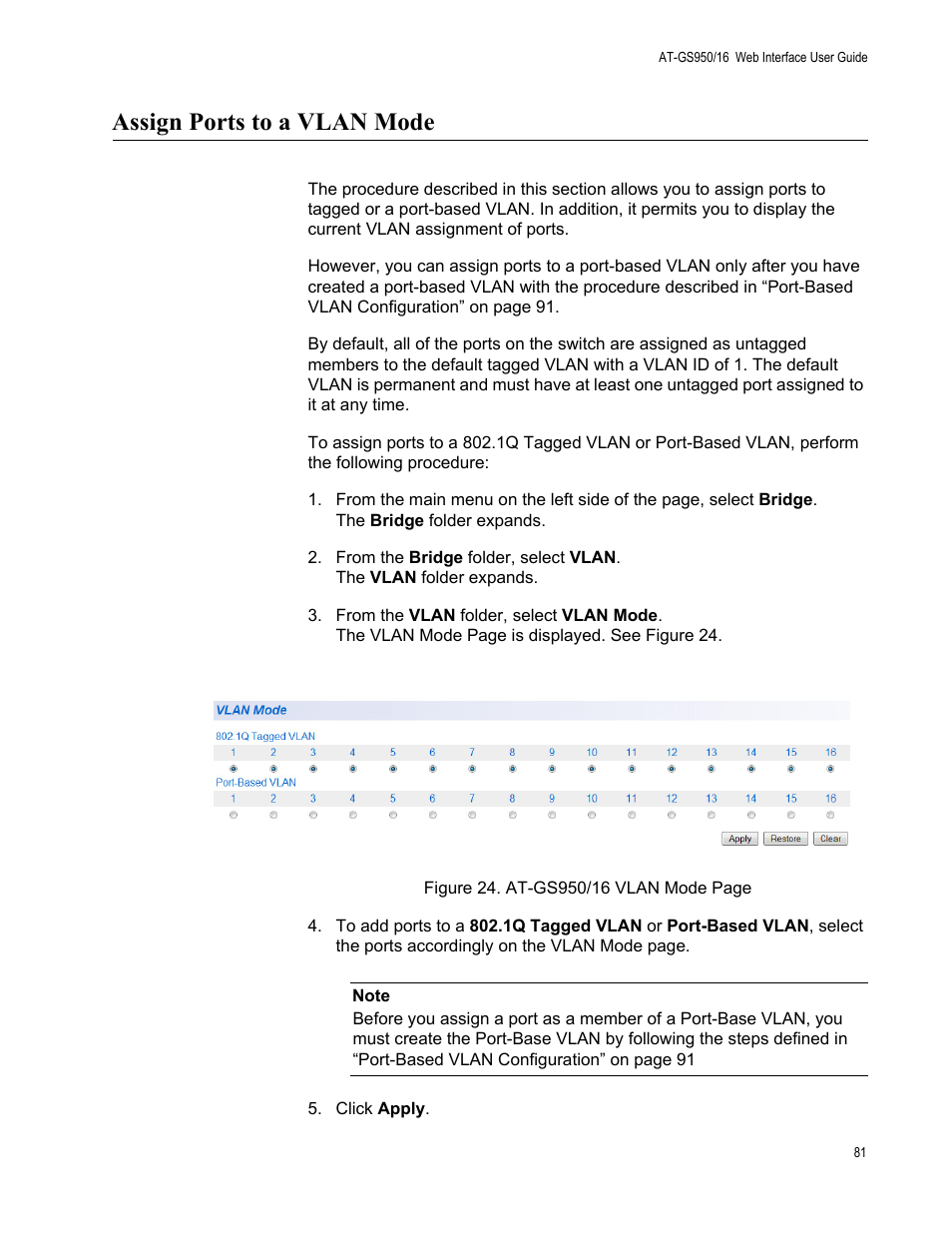 Assign ports to a vlan mode | Allied Telesis AT-GS950/16 User Manual | Page 81 / 364