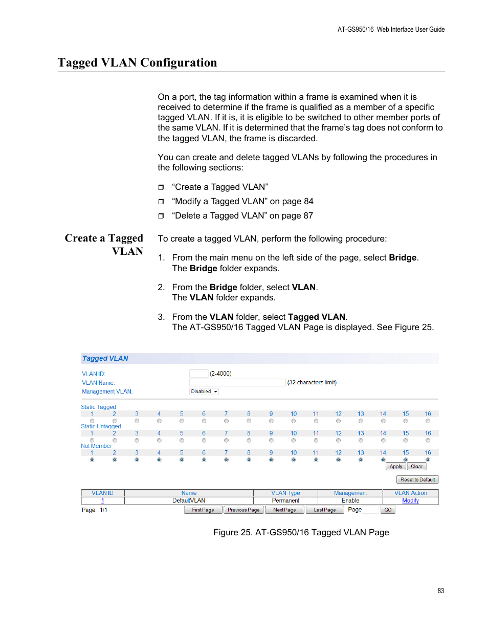 Tagged vlan configuration, Create a tagged vlan | Allied Telesis AT-GS950/16 User Manual | Page 83 / 364