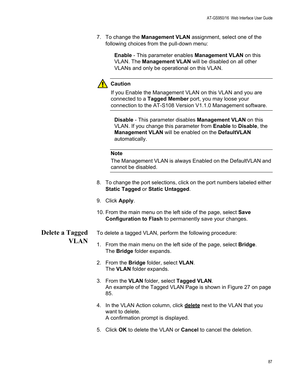 Delete a tagged vlan | Allied Telesis AT-GS950/16 User Manual | Page 87 / 364