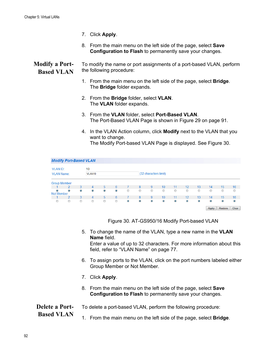 Modify a port- based vlan, Delete a port- based vlan, Modify a port-based vlan delete a port-based vlan | Figure 30. at-gs950/16 modify port-based vlan | Allied Telesis AT-GS950/16 User Manual | Page 92 / 364