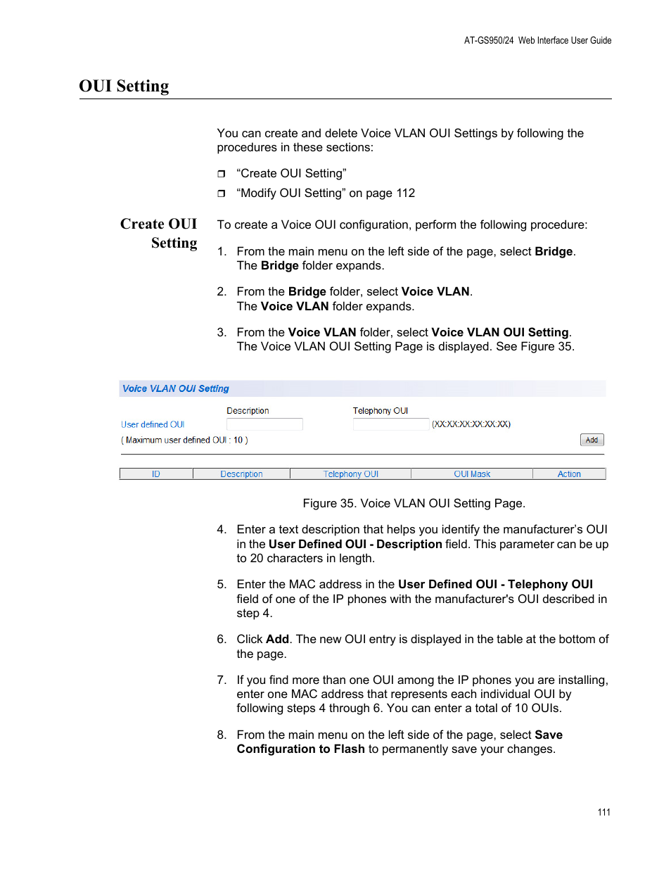 Oui setting, Create oui setting | Allied Telesis AT-GS950/24 User Manual | Page 111 / 366