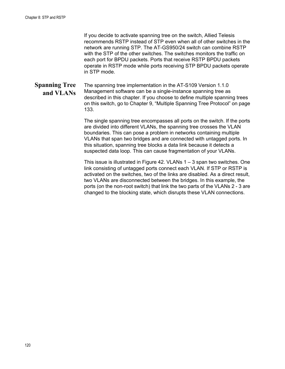 Spanning tree and vlans | Allied Telesis AT-GS950/24 User Manual | Page 120 / 366