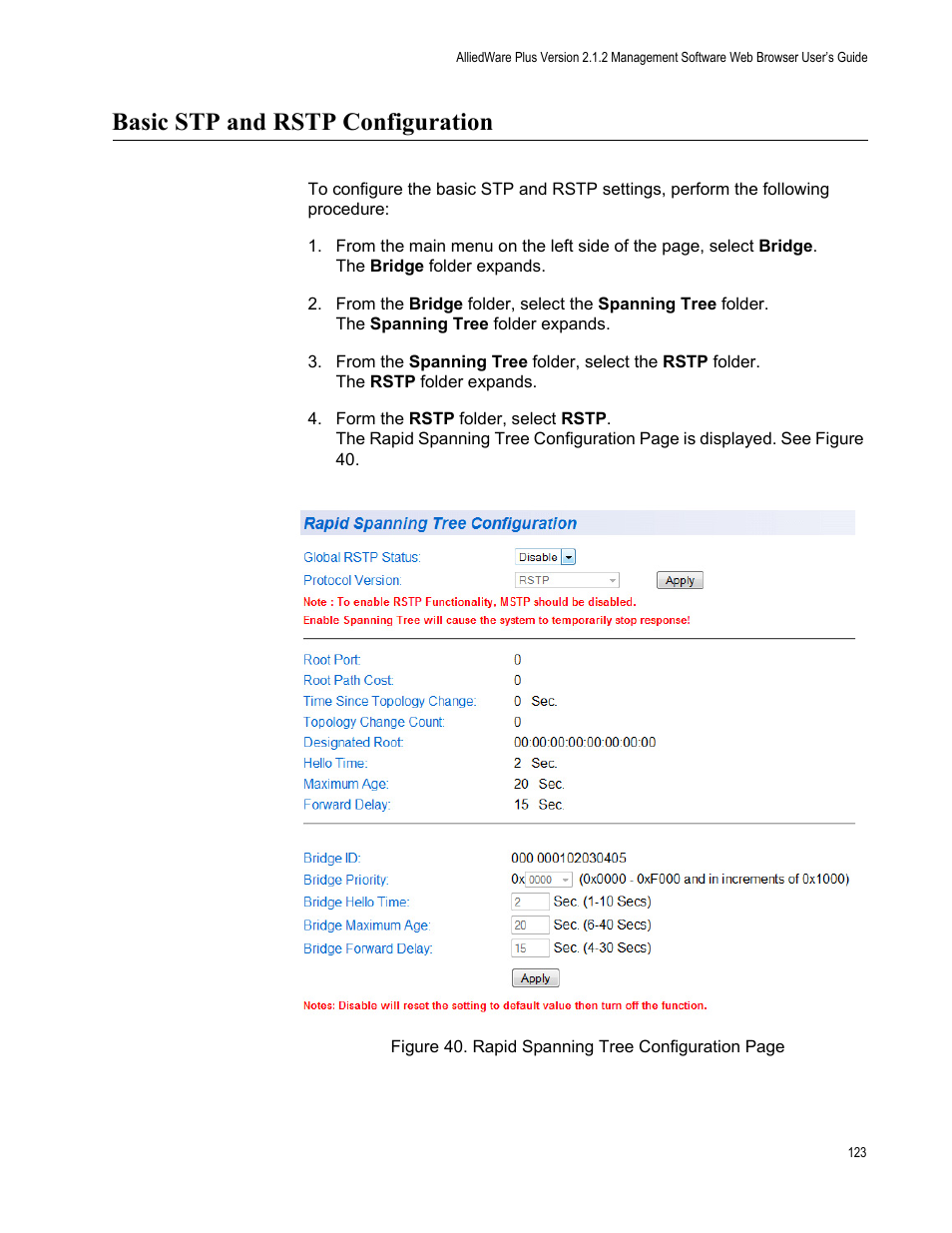 Basic stp and rstp configuration | Allied Telesis AT-GS950/24 User Manual | Page 123 / 366