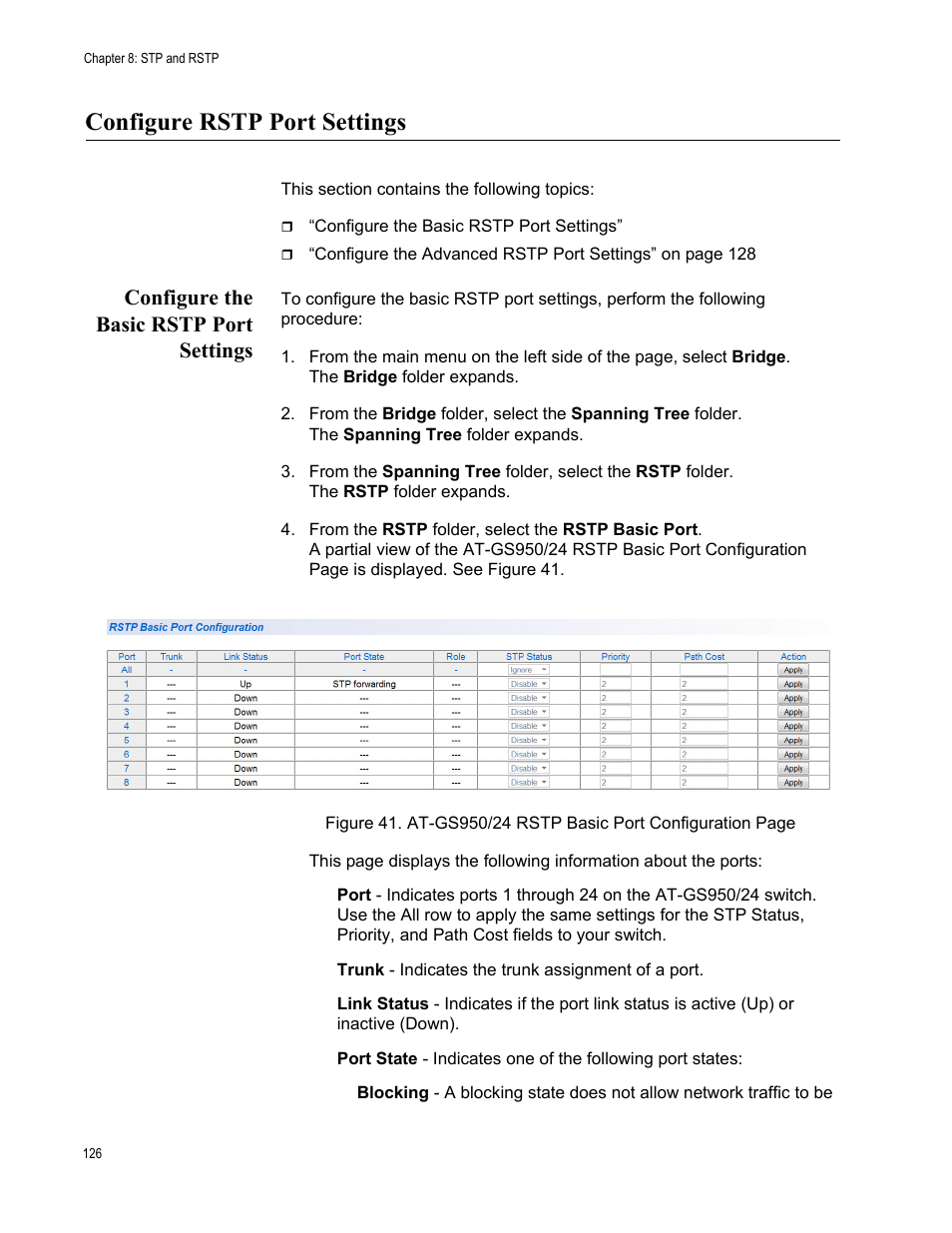 Configure rstp port settings, Configure the basic rstp port settings | Allied Telesis AT-GS950/24 User Manual | Page 126 / 366