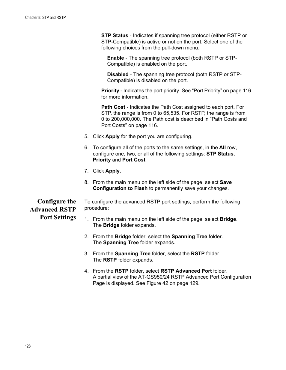 Configure the advanced rstp port settings | Allied Telesis AT-GS950/24 User Manual | Page 128 / 366