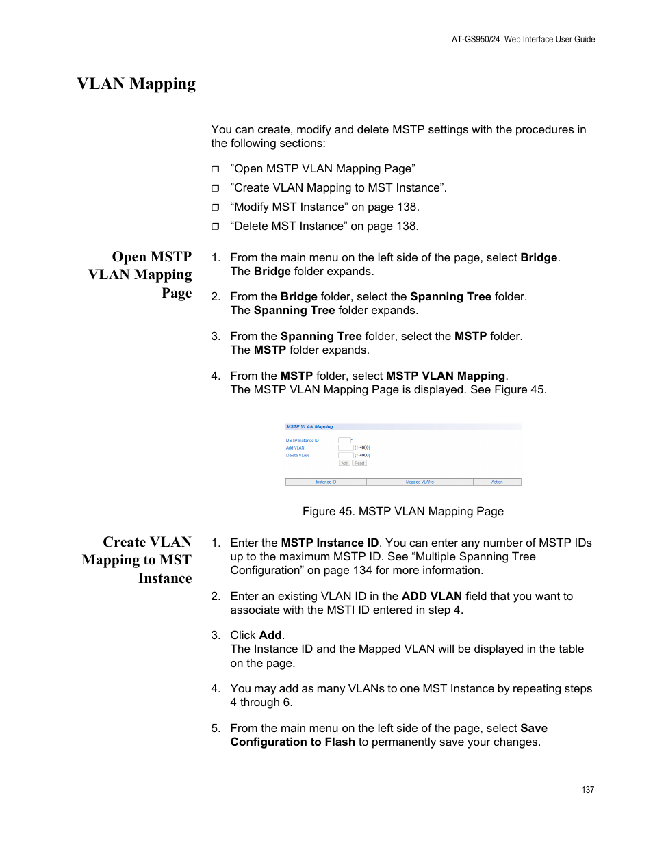 Vlan mapping, Create vlan mapping to mst instance, Open mstp vlan mapping page | Allied Telesis AT-GS950/24 User Manual | Page 137 / 366