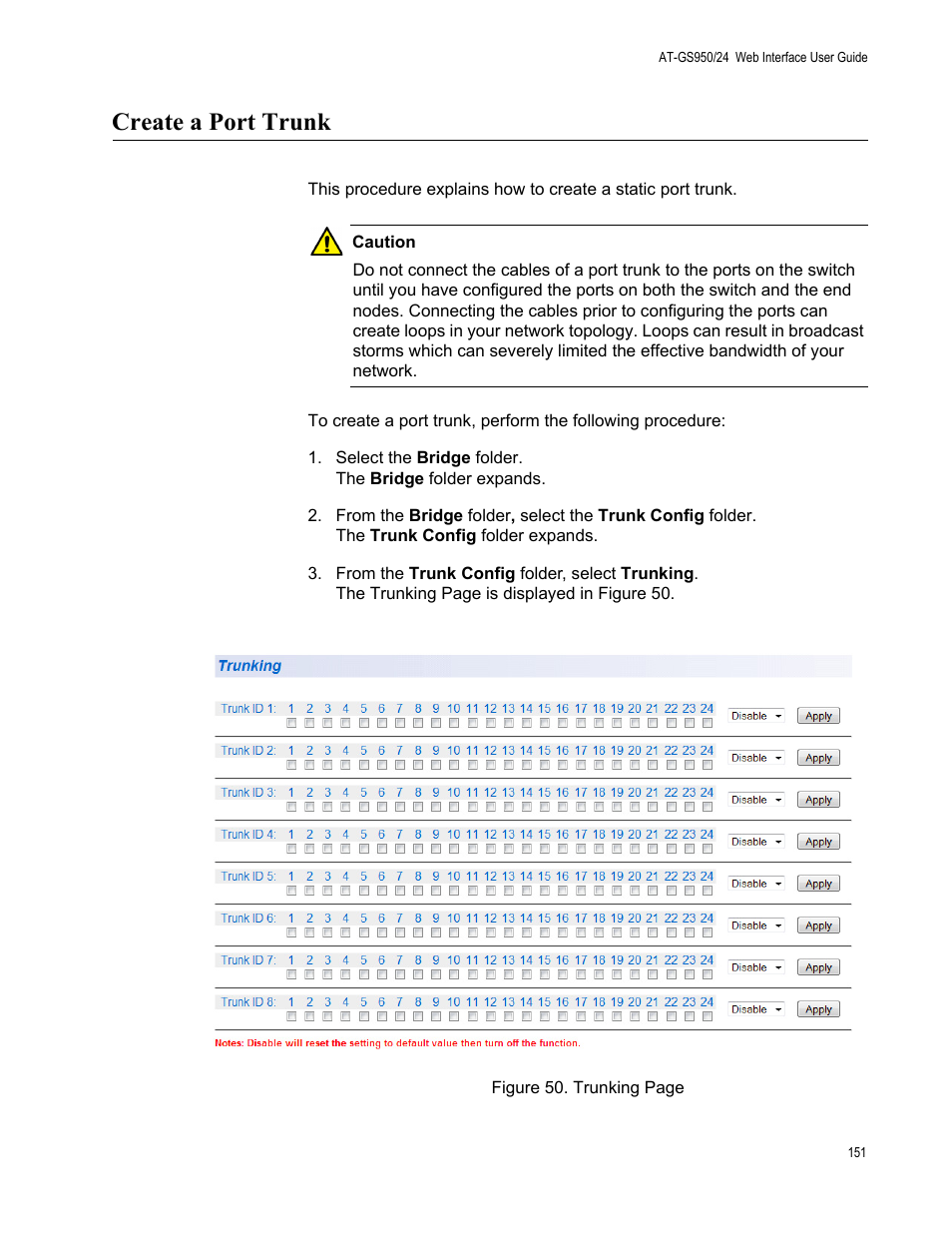 Create a port trunk | Allied Telesis AT-GS950/24 User Manual | Page 151 / 366