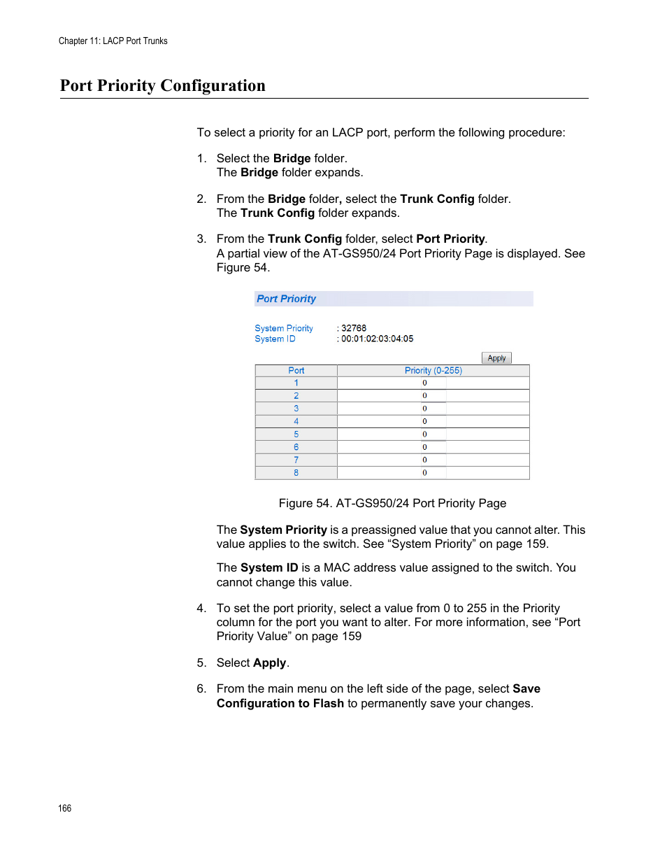 Port priority configuration | Allied Telesis AT-GS950/24 User Manual | Page 166 / 366