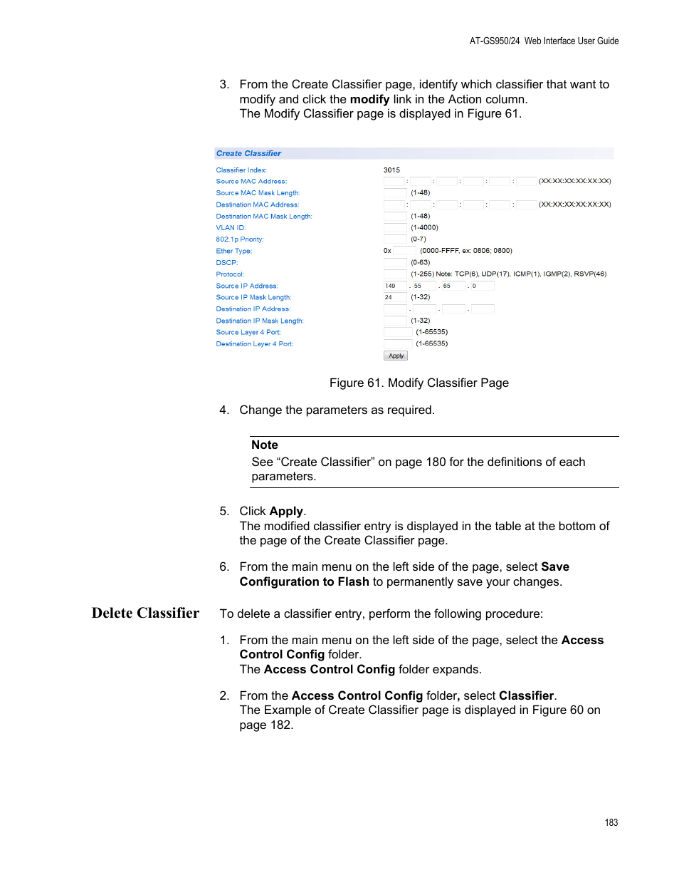 Delete classifier | Allied Telesis AT-GS950/24 User Manual | Page 183 / 366