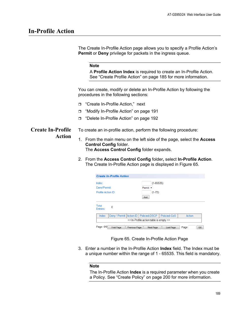 In-profile action, Create in-profile action | Allied Telesis AT-GS950/24 User Manual | Page 189 / 366