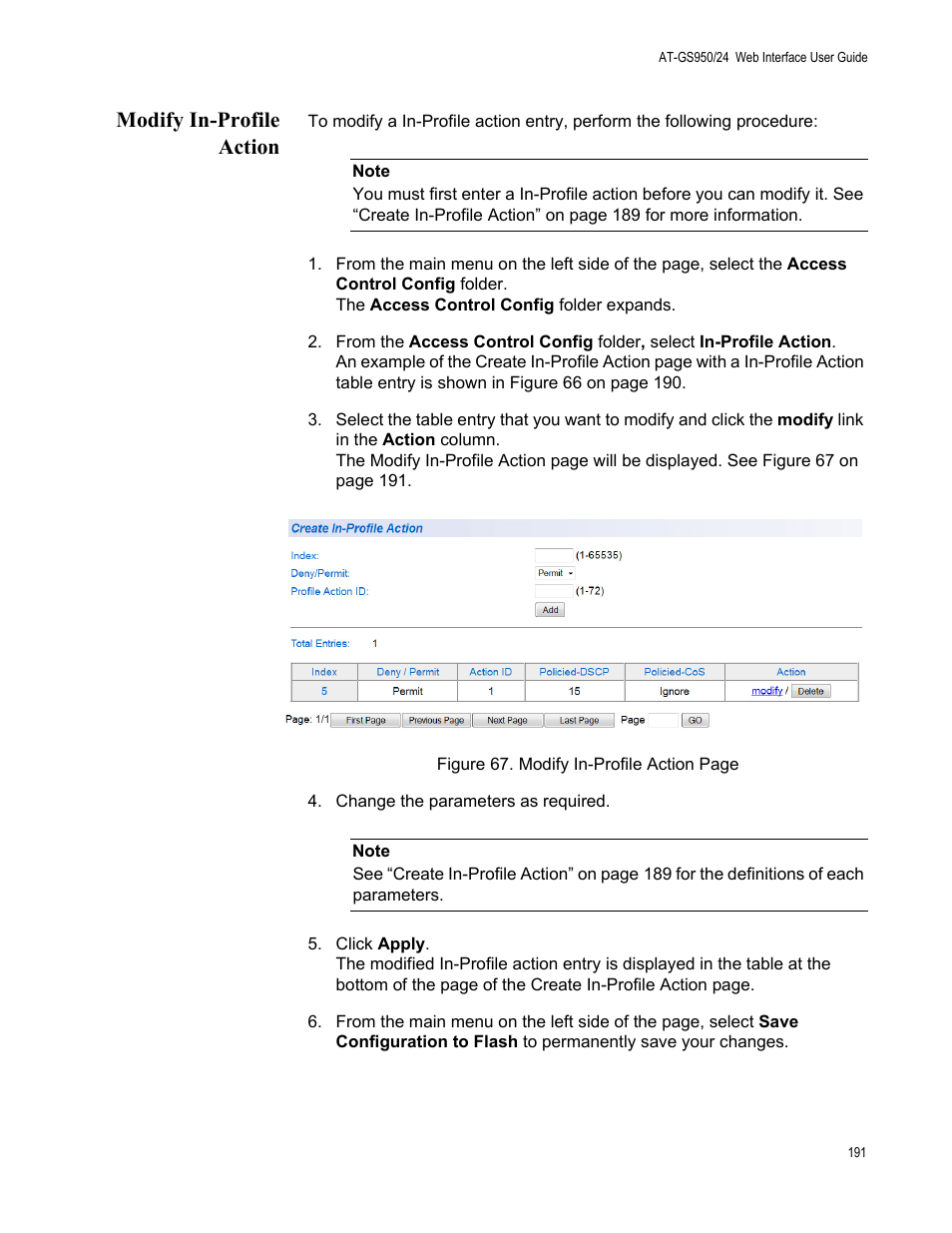 Modify in-profile action | Allied Telesis AT-GS950/24 User Manual | Page 191 / 366