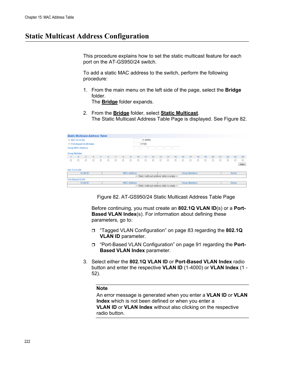 Static multicast address configuration | Allied Telesis AT-GS950/24 User Manual | Page 222 / 366