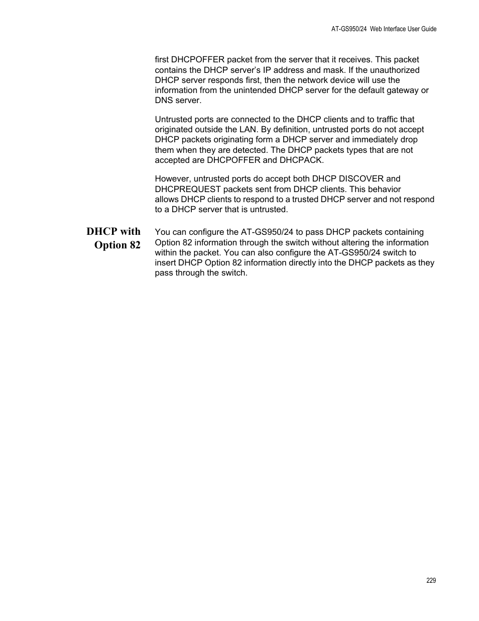 Dhcp with option 82 | Allied Telesis AT-GS950/24 User Manual | Page 229 / 366