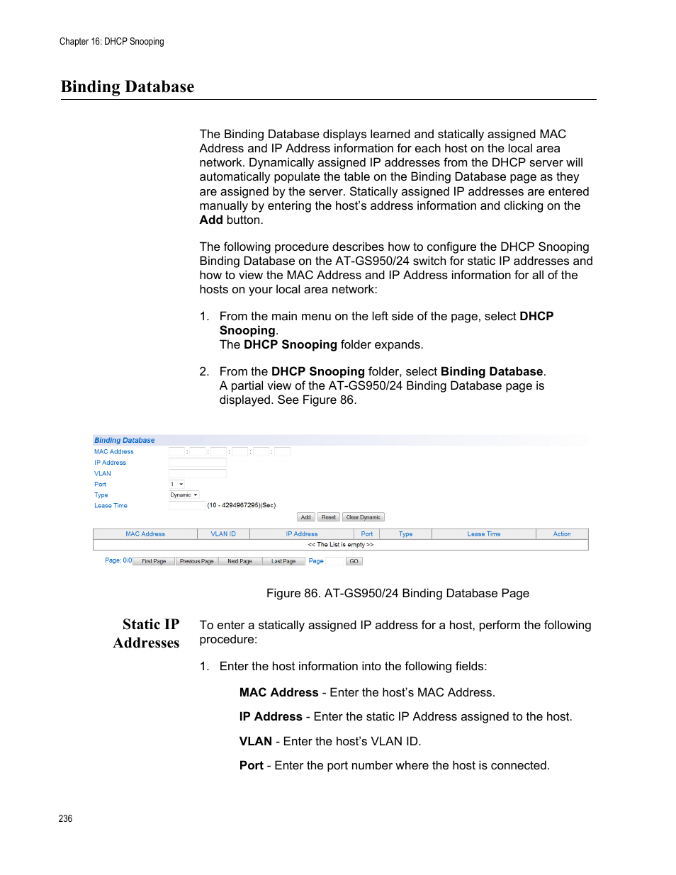 Binding database, Static ip addresses | Allied Telesis AT-GS950/24 User Manual | Page 236 / 366