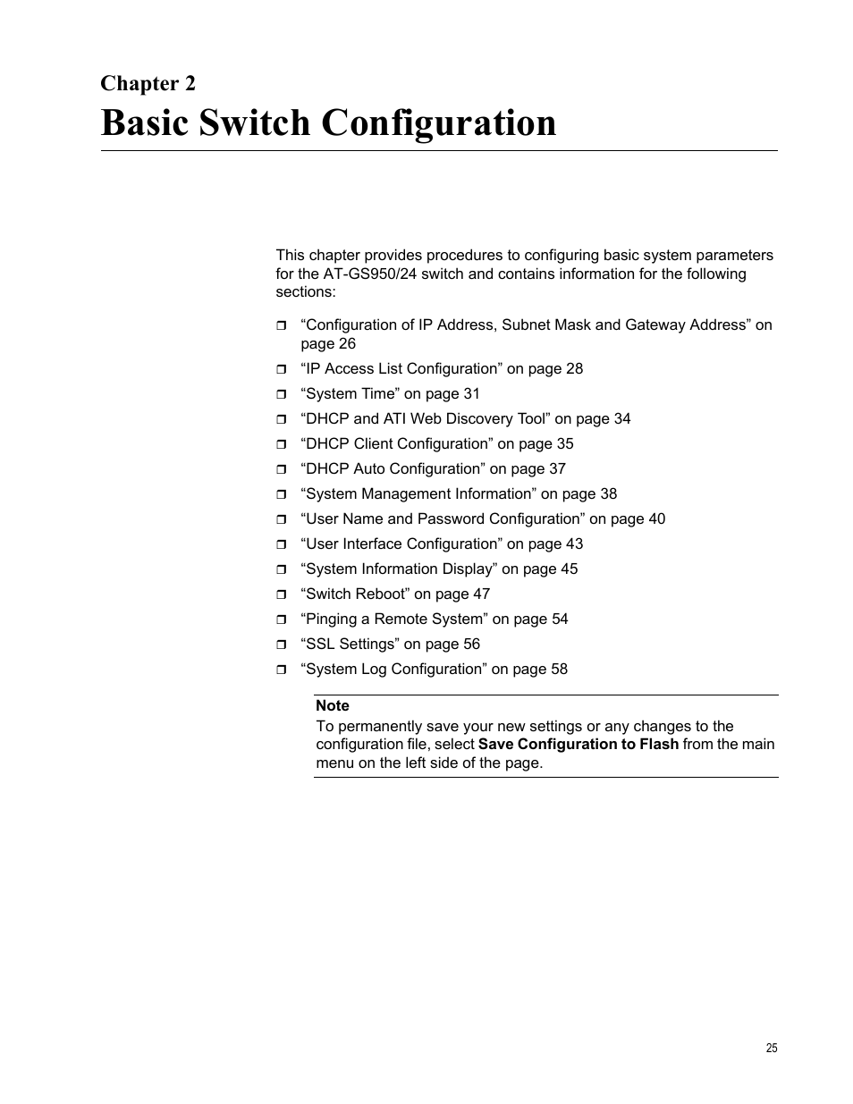 Chapter 2, Basic switch configuration, Chapte | Allied Telesis AT-GS950/24 User Manual | Page 25 / 366