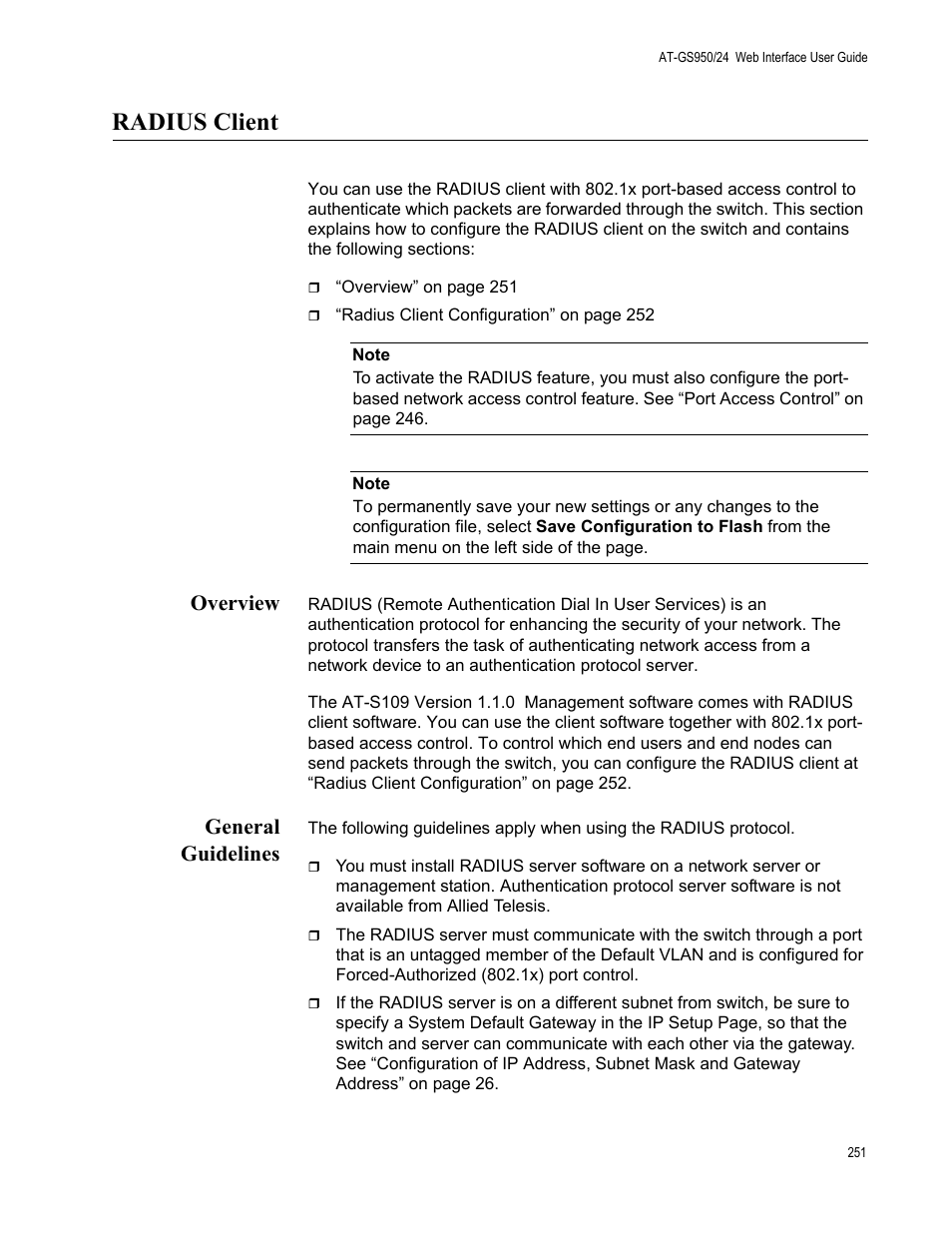 Radius client, Overview, General guidelines | Overview general guidelines | Allied Telesis AT-GS950/24 User Manual | Page 251 / 366