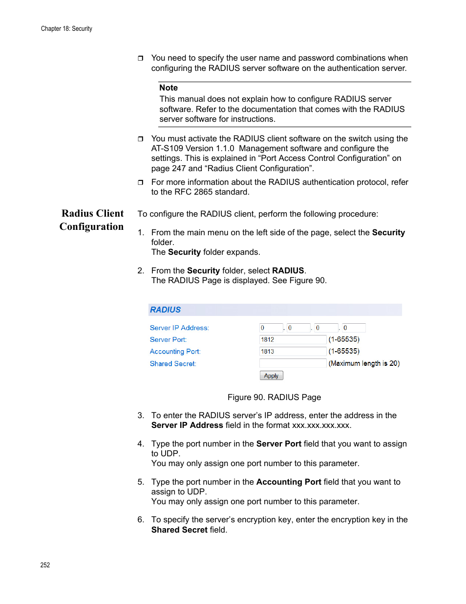 Radius client configuration | Allied Telesis AT-GS950/24 User Manual | Page 252 / 366