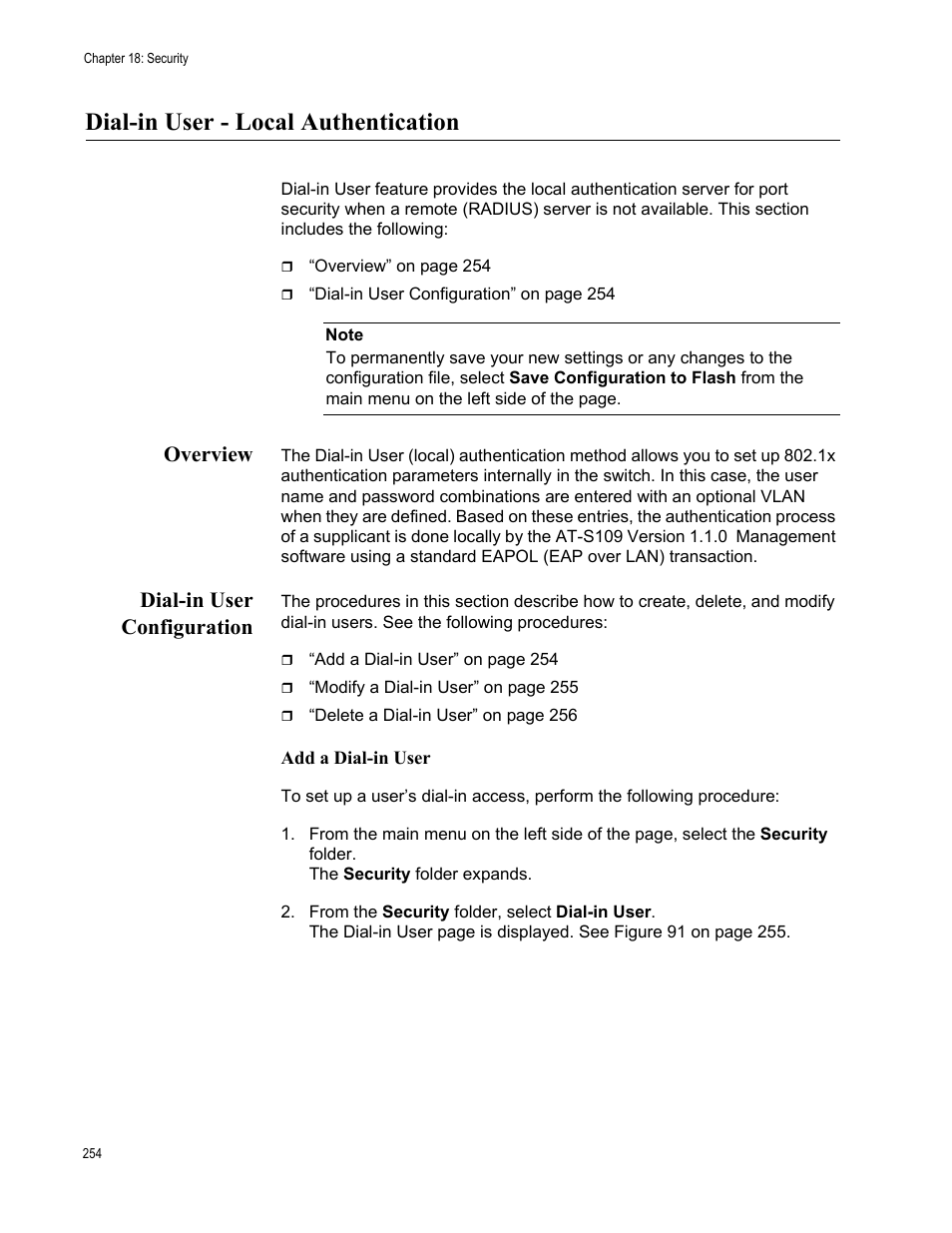 Dial-in user - local authentication, Overview, Dial-in user configuration | Overview dial-in user configuration | Allied Telesis AT-GS950/24 User Manual | Page 254 / 366