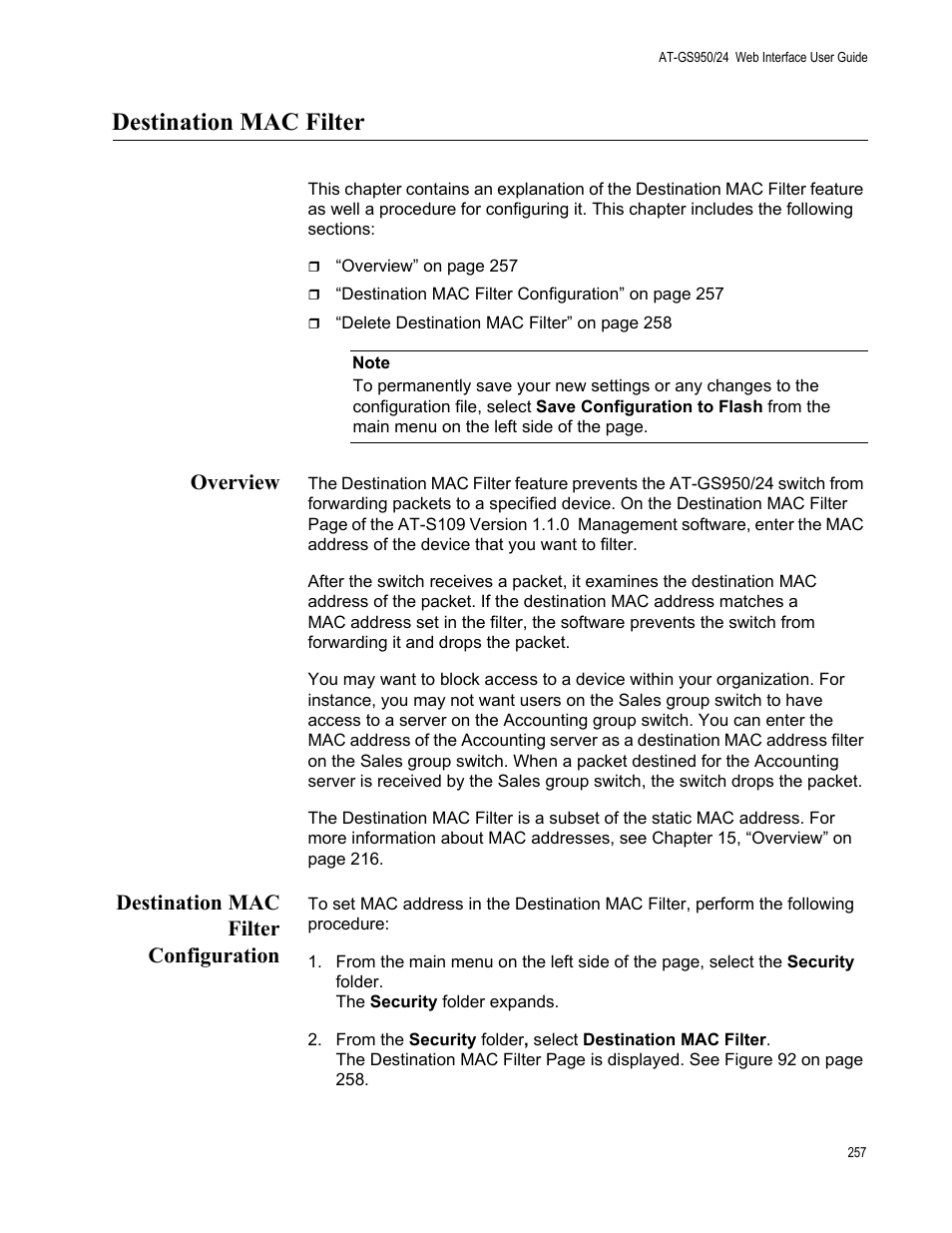 Destination mac filter, Overview, Destination mac filter configuration | Overview destination mac filter configuration | Allied Telesis AT-GS950/24 User Manual | Page 257 / 366