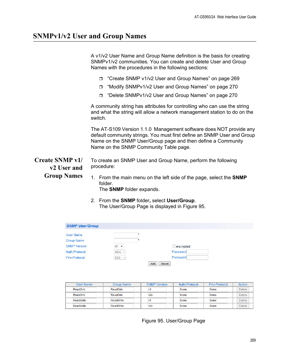 Snmpv1/v2 user and group names, Create snmp v1/ v2 user and group names, Create snmp v1/v2 user and group names | Allied Telesis AT-GS950/24 User Manual | Page 269 / 366