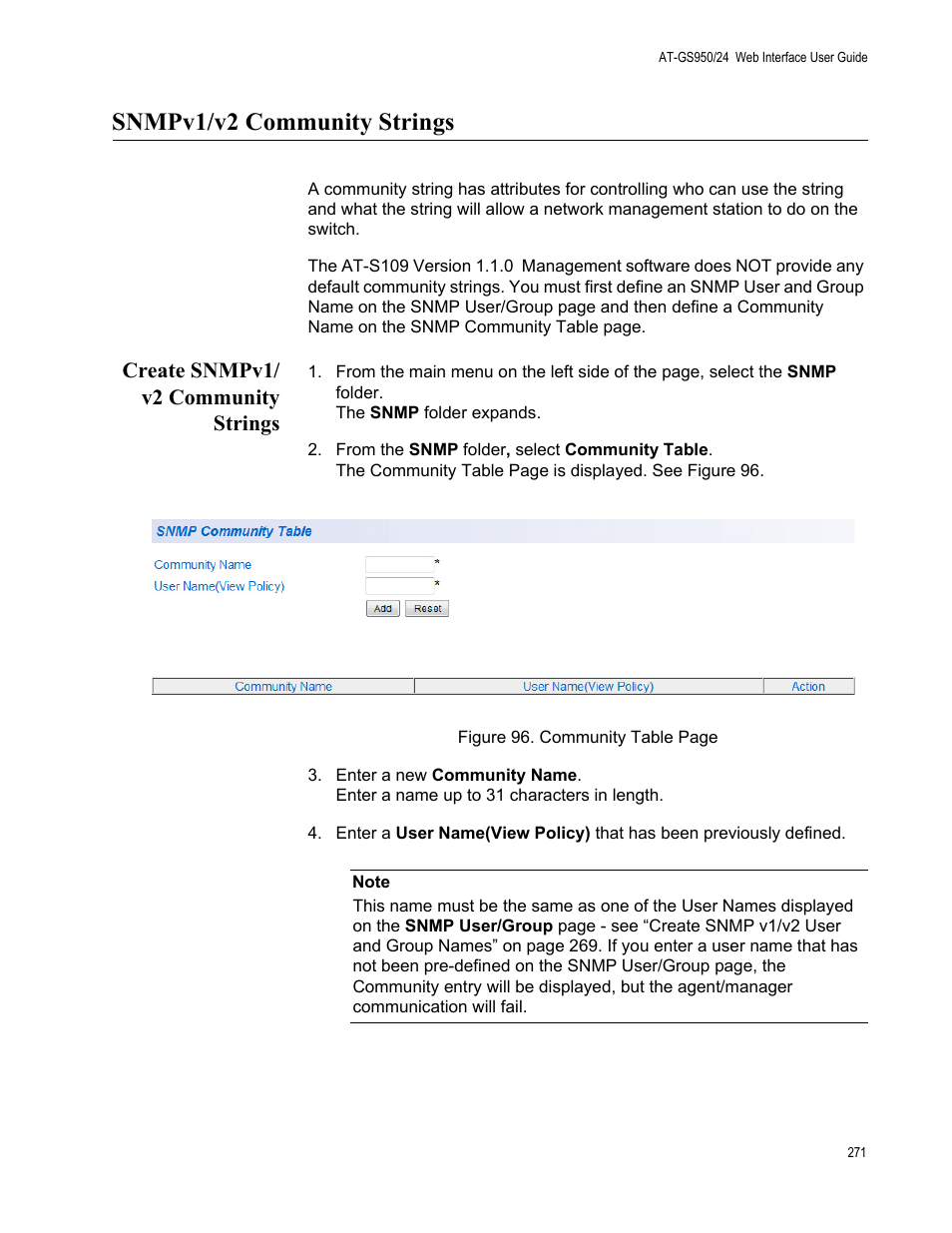 Snmpv1/v2 community strings, Create snmpv1/ v2 community strings, Create snmpv1/v2 community strings | Allied Telesis AT-GS950/24 User Manual | Page 271 / 366