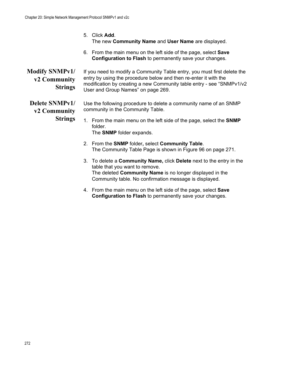 Modify snmpv1/ v2 community strings, Delete snmpv1/ v2 community strings | Allied Telesis AT-GS950/24 User Manual | Page 272 / 366