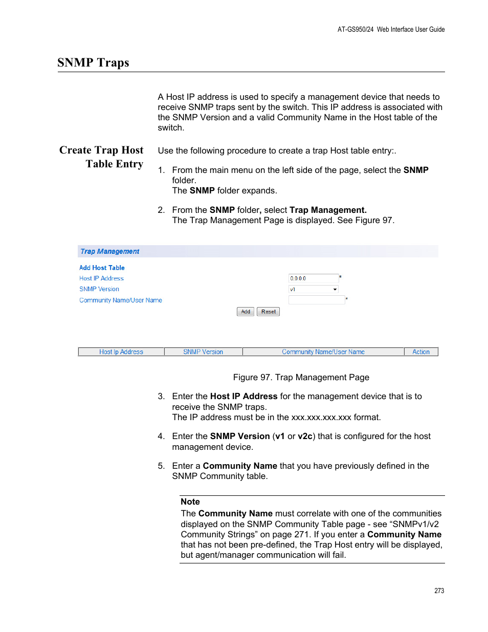 Snmp traps, Create trap host table entry | Allied Telesis AT-GS950/24 User Manual | Page 273 / 366