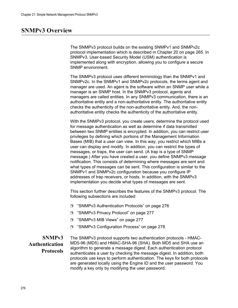 Snmpv3 overview, Snmpv3 authentication protocols | Allied Telesis AT-GS950/24 User Manual | Page 276 / 366