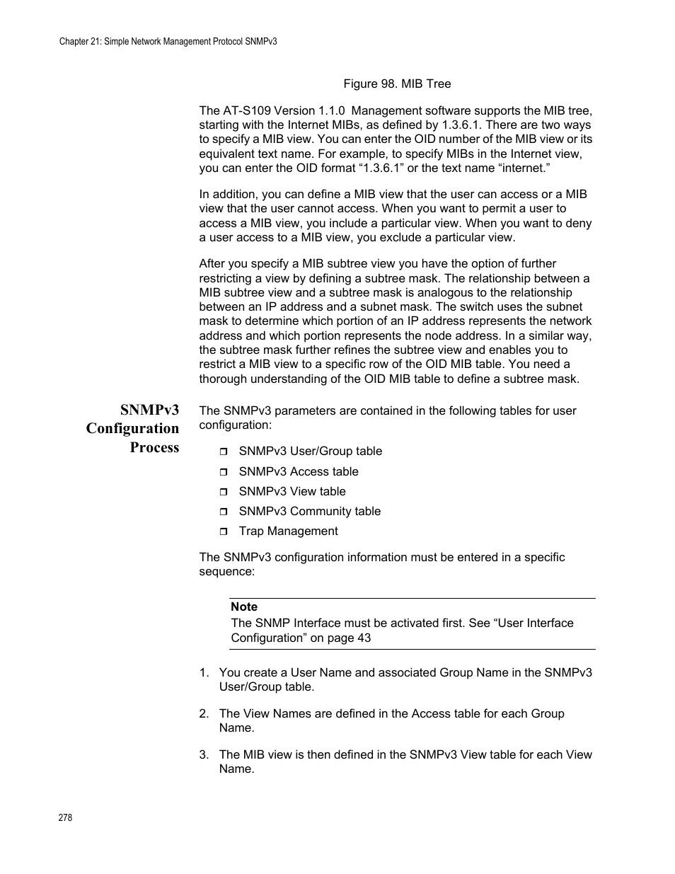 Snmpv3 configuration process, Figure 98. mib tree | Allied Telesis AT-GS950/24 User Manual | Page 278 / 366