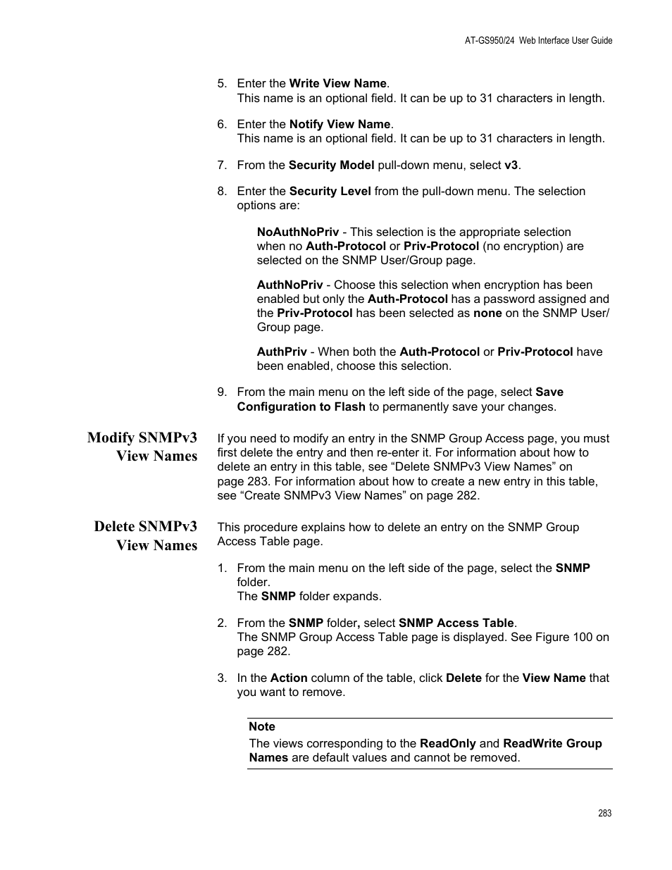 Modify snmpv3 view names, Delete snmpv3 view names, Modify snmpv3 view names delete snmpv3 view names | Allied Telesis AT-GS950/24 User Manual | Page 283 / 366