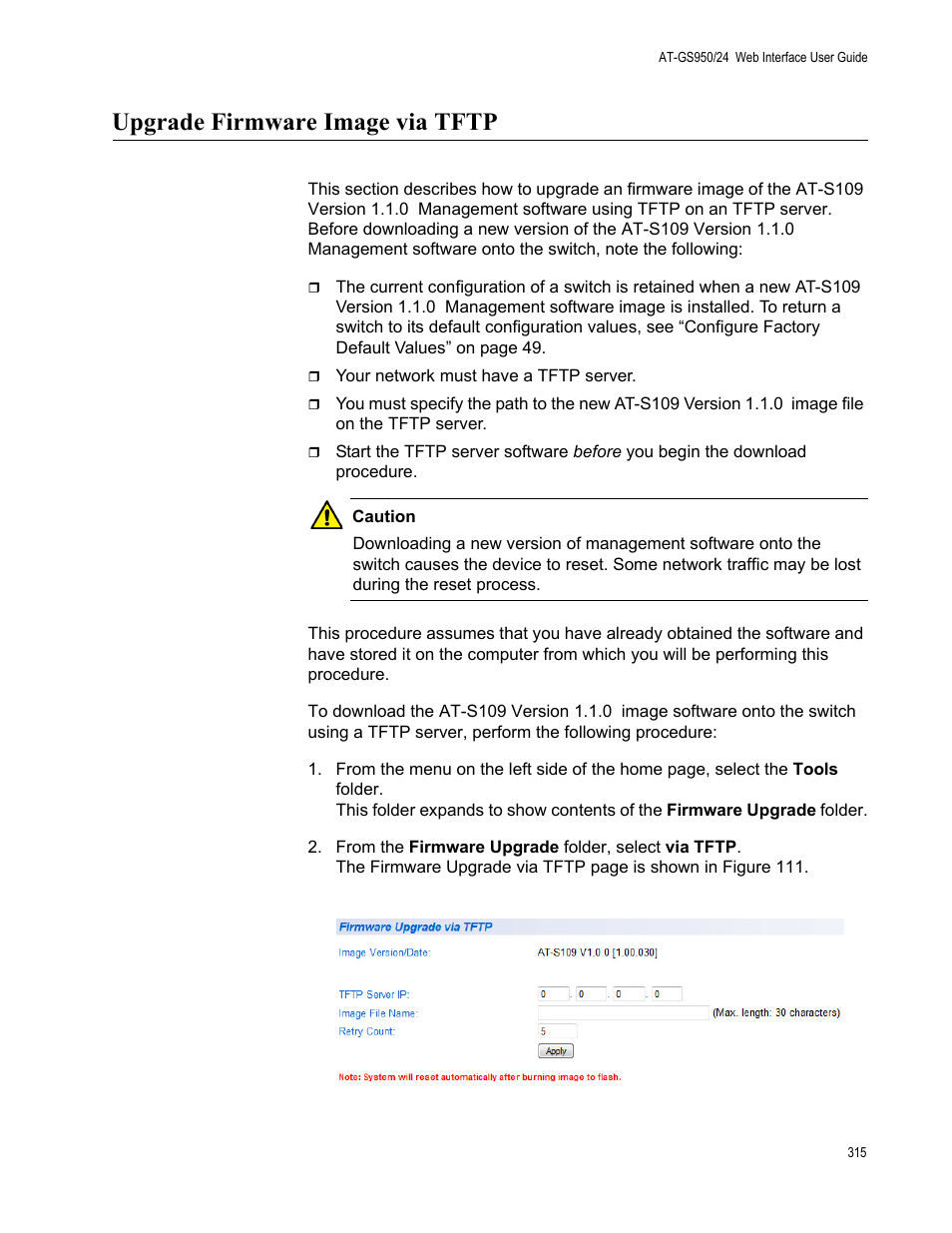 Upgrade firmware image via tftp | Allied Telesis AT-GS950/24 User Manual | Page 315 / 366