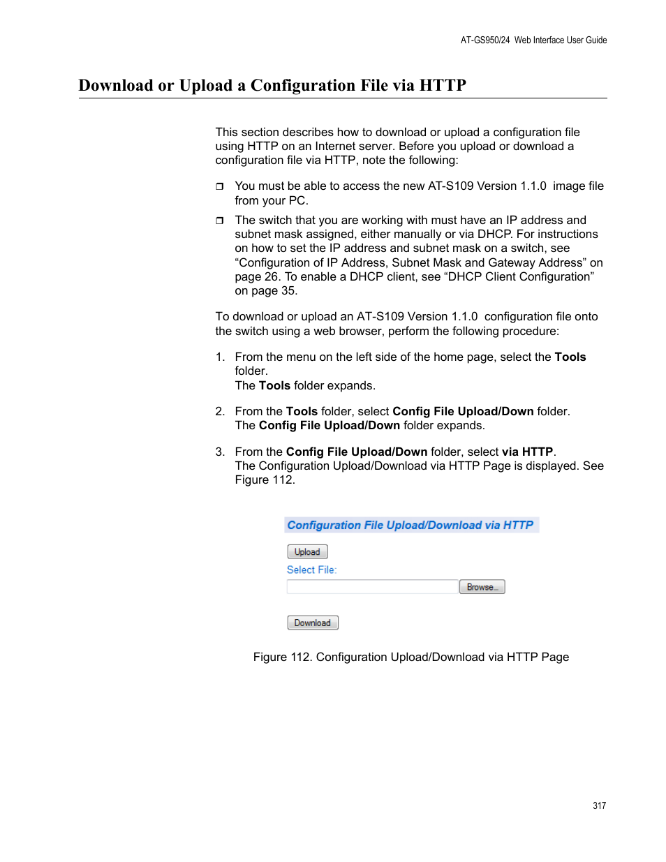 Download or upload a configuration file via http | Allied Telesis AT-GS950/24 User Manual | Page 317 / 366