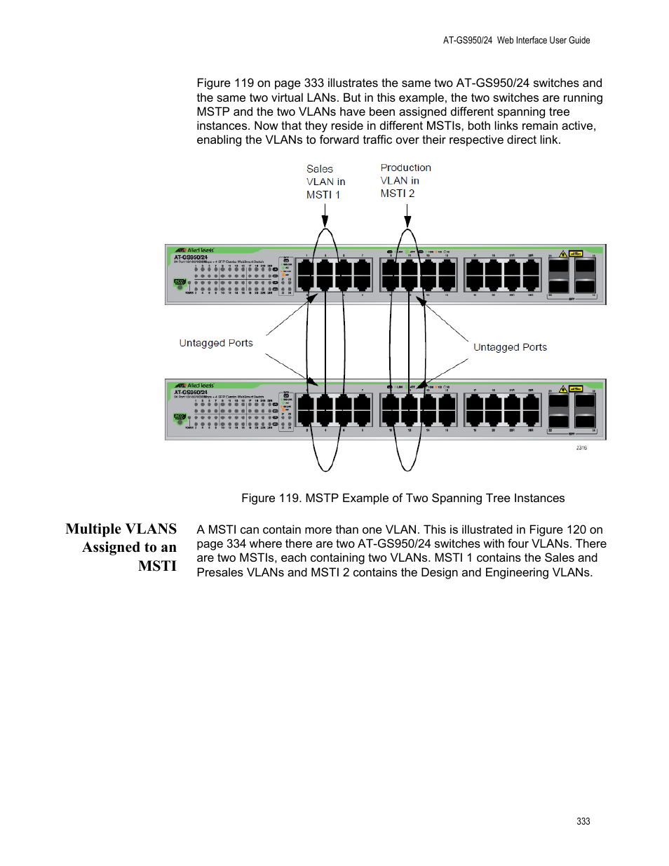 Multiple vlans assigned to an msti | Allied Telesis AT-GS950/24 User Manual | Page 333 / 366