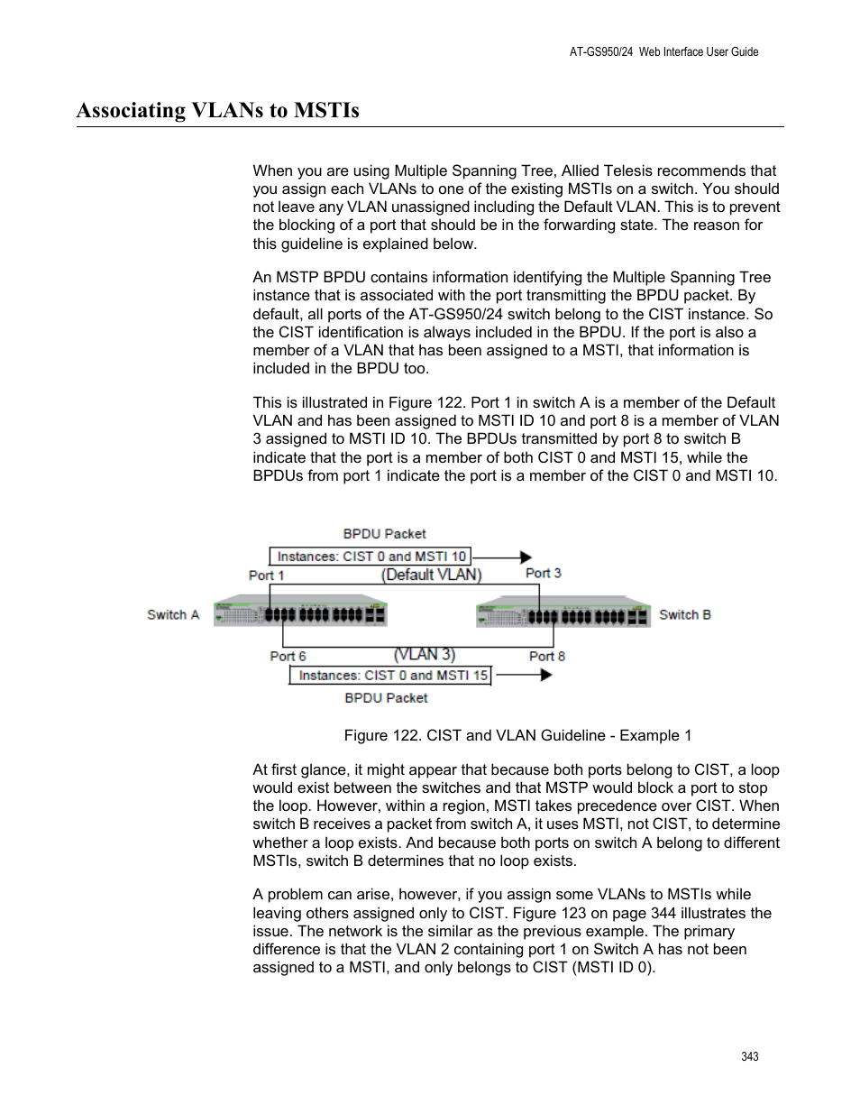 Associating vlans to mstis, Figure 122. cist and vlan guideline - example 1 | Allied Telesis AT-GS950/24 User Manual | Page 343 / 366