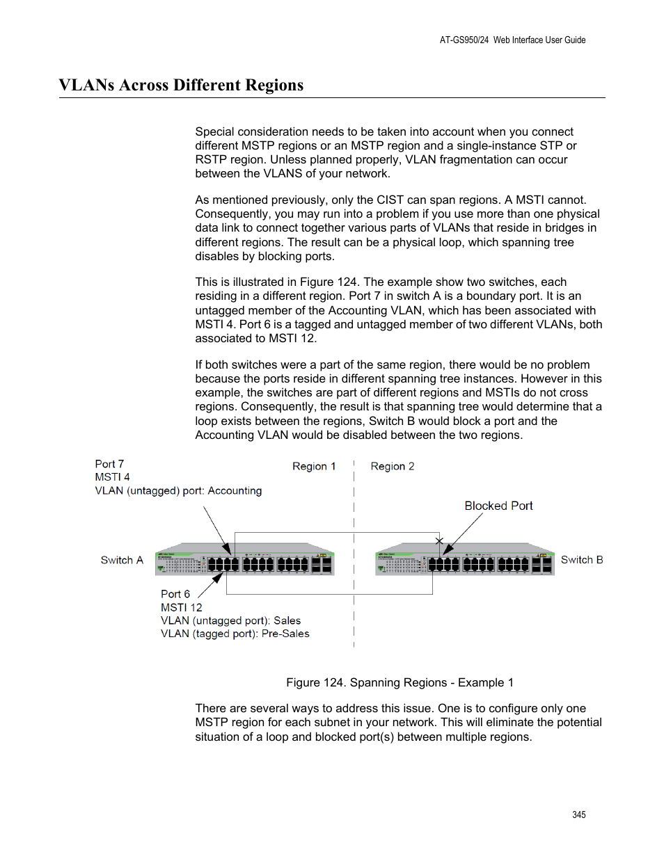 Vlans across different regions, Figure 124. spanning regions - example 1 | Allied Telesis AT-GS950/24 User Manual | Page 345 / 366