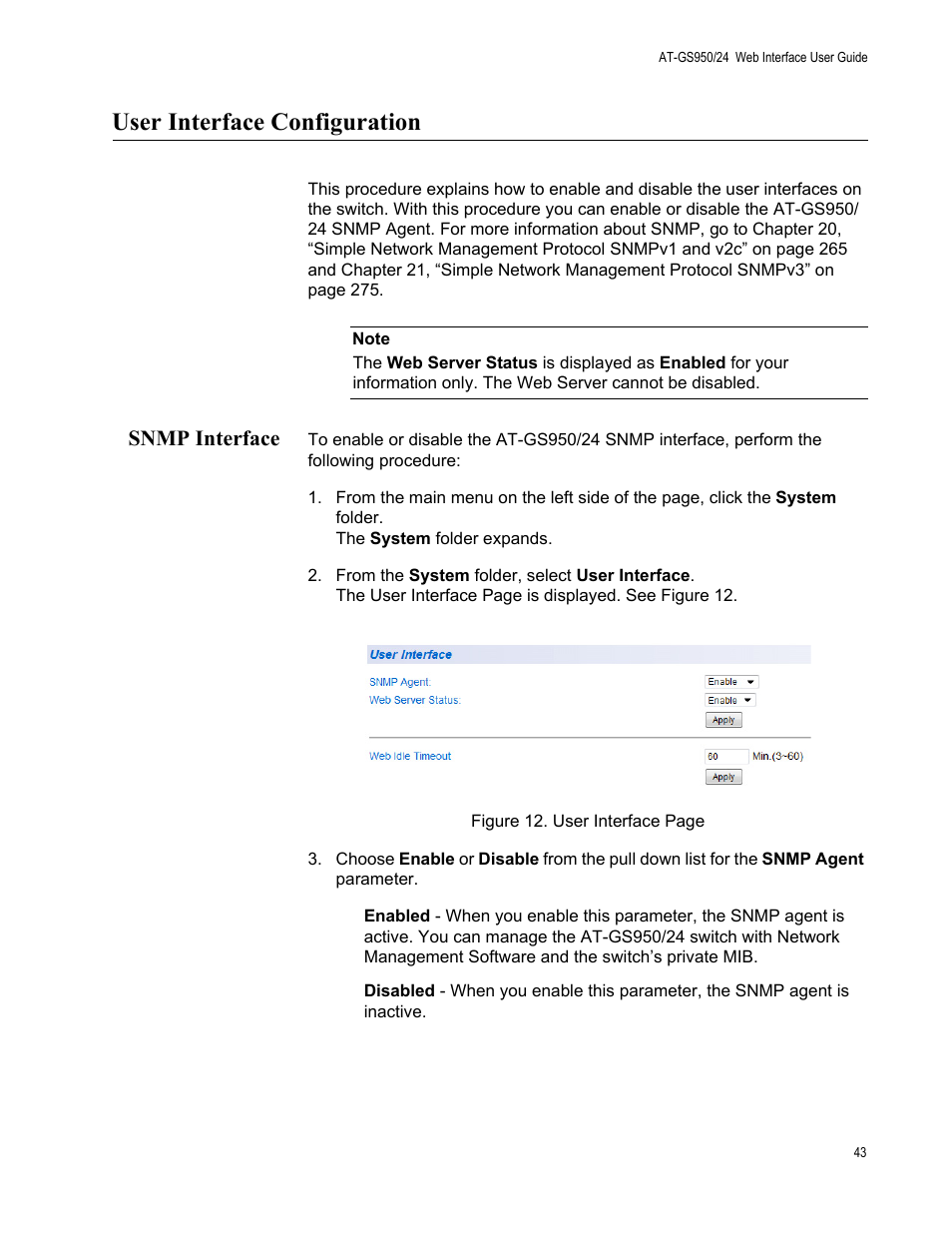 User interface configuration, Snmp interface | Allied Telesis AT-GS950/24 User Manual | Page 43 / 366