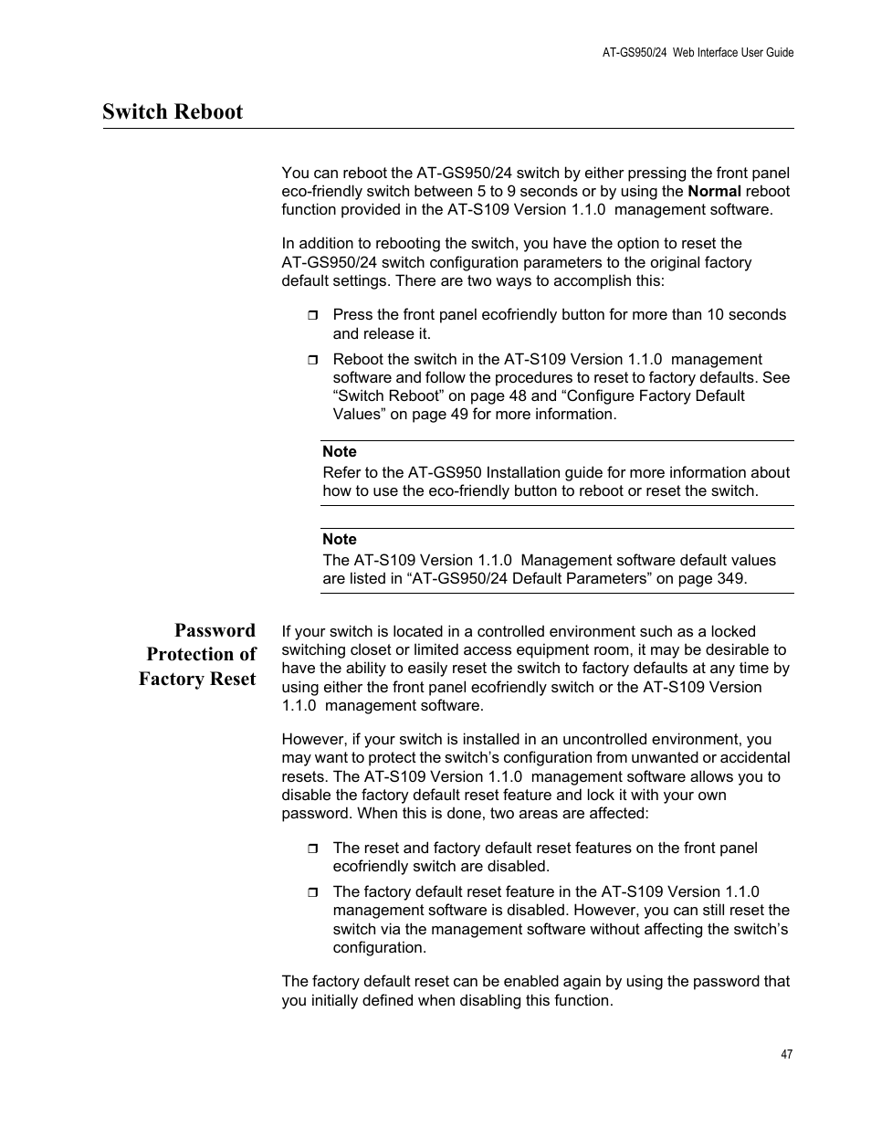 Switch reboot, Password protection of factory reset | Allied Telesis AT-GS950/24 User Manual | Page 47 / 366