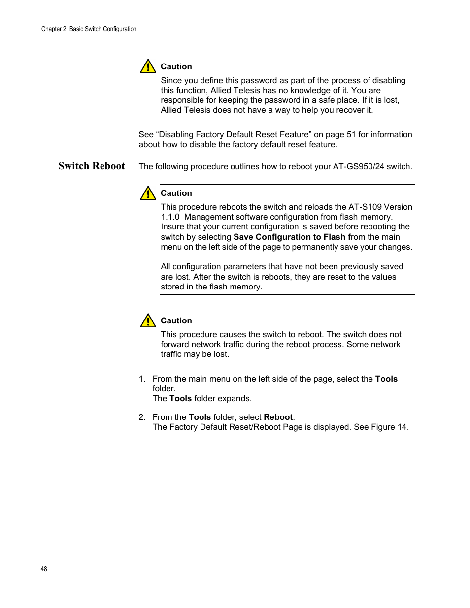 Switch reboot | Allied Telesis AT-GS950/24 User Manual | Page 48 / 366