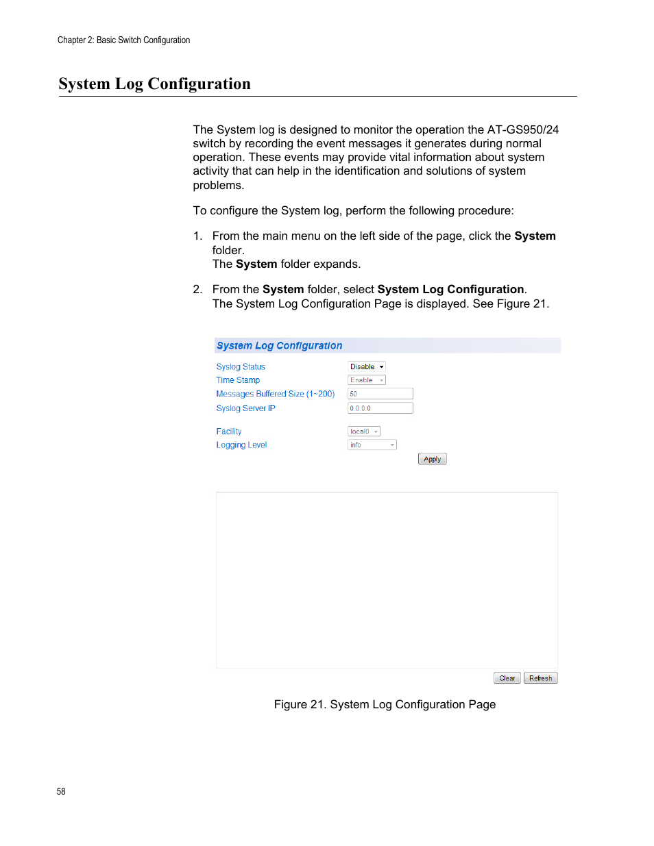 System log configuration | Allied Telesis AT-GS950/24 User Manual | Page 58 / 366