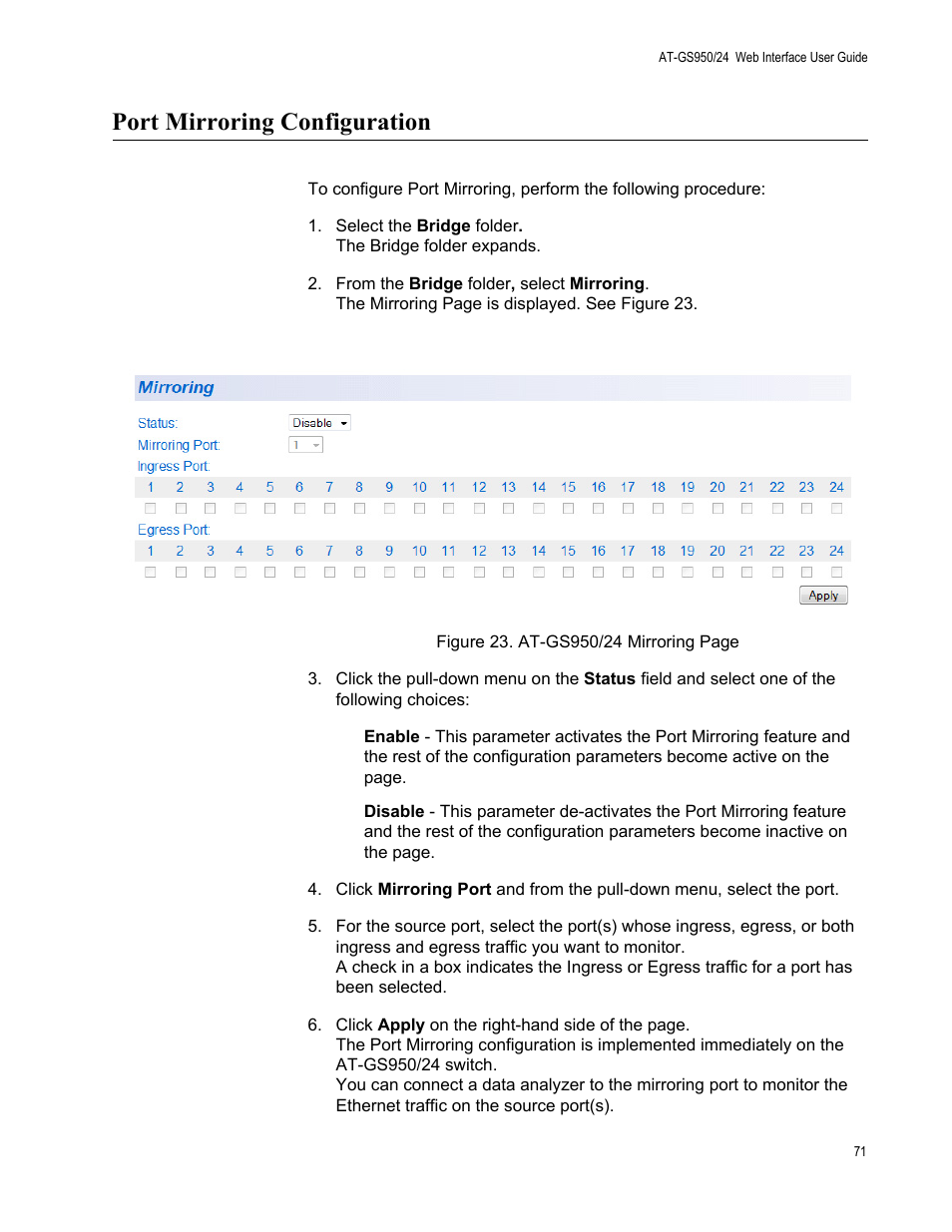 Port mirroring configuration | Allied Telesis AT-GS950/24 User Manual | Page 71 / 366