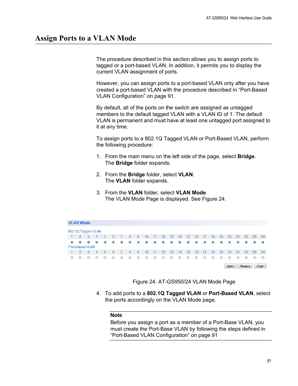 Assign ports to a vlan mode | Allied Telesis AT-GS950/24 User Manual | Page 81 / 366