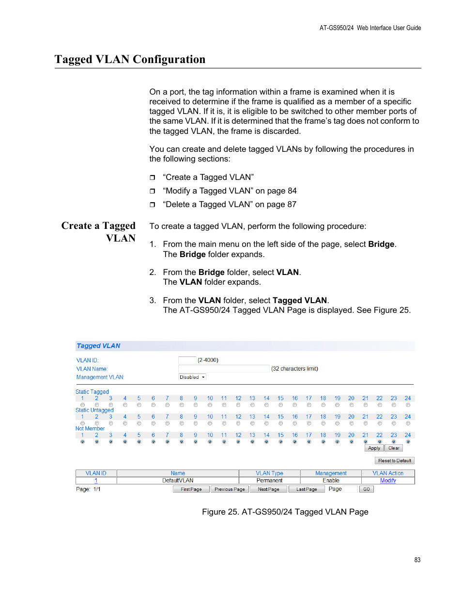 Tagged vlan configuration, Create a tagged vlan | Allied Telesis AT-GS950/24 User Manual | Page 83 / 366