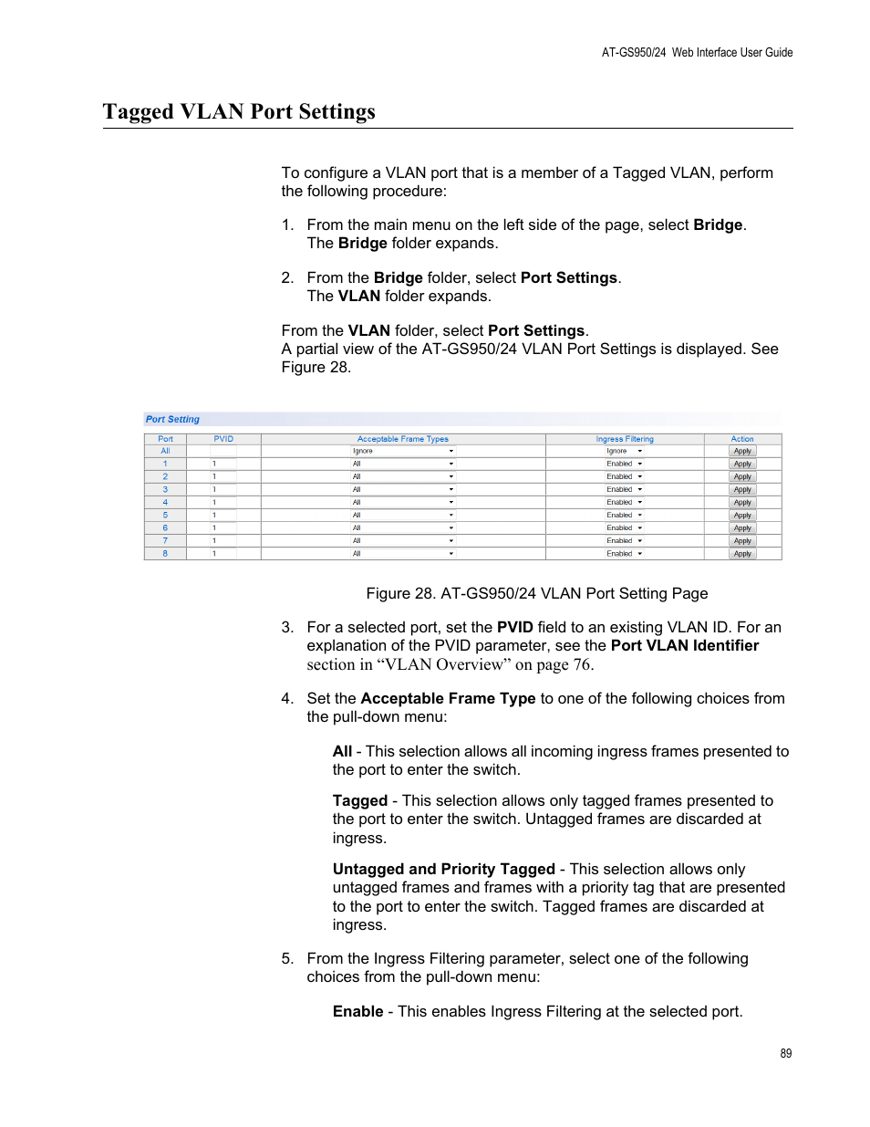 Tagged vlan port settings | Allied Telesis AT-GS950/24 User Manual | Page 89 / 366