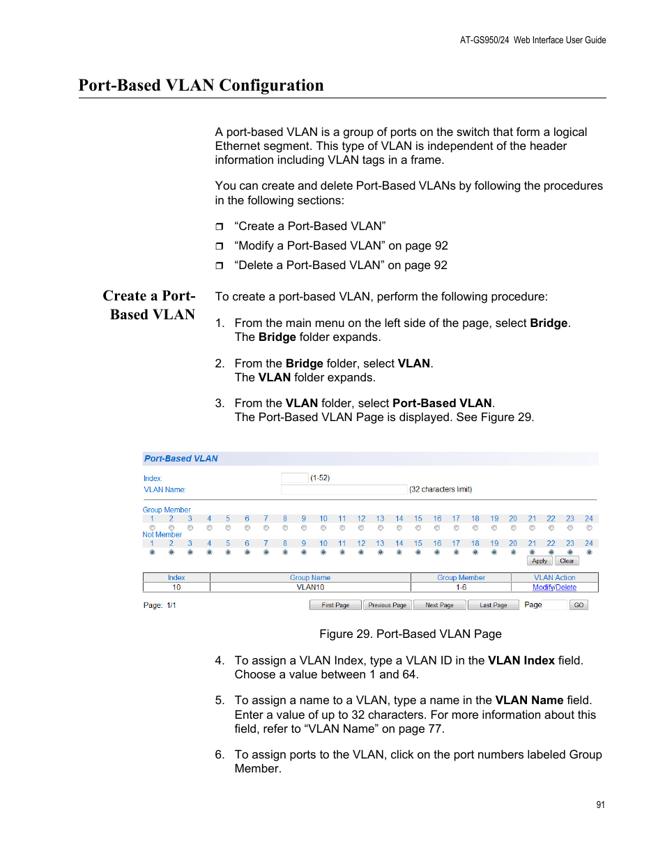 Port-based vlan configuration, Create a port- based vlan, Create a port-based vlan | Allied Telesis AT-GS950/24 User Manual | Page 91 / 366