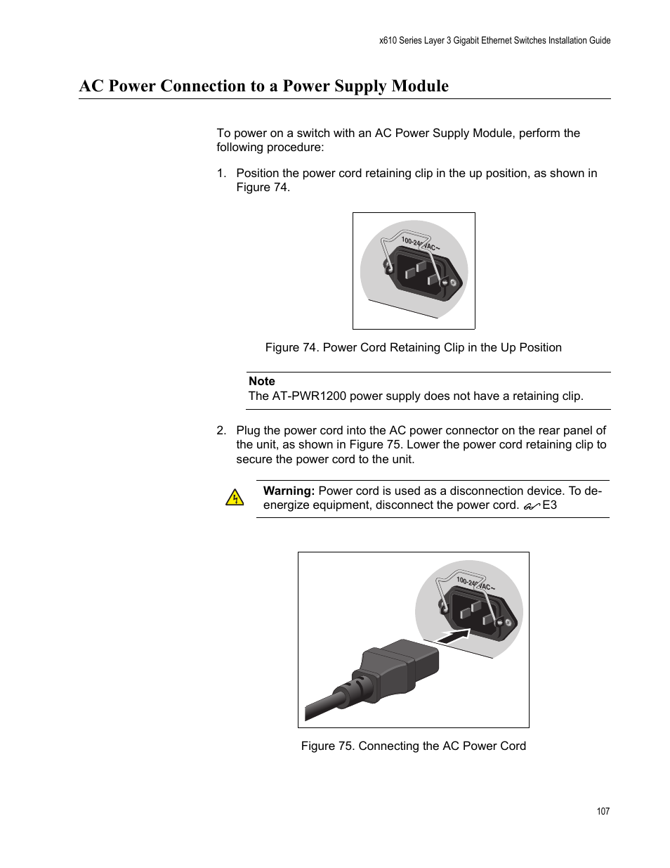 Ac power connection to a power supply module | Allied Telesis x610 Series Layer 3 User Manual | Page 107 / 128
