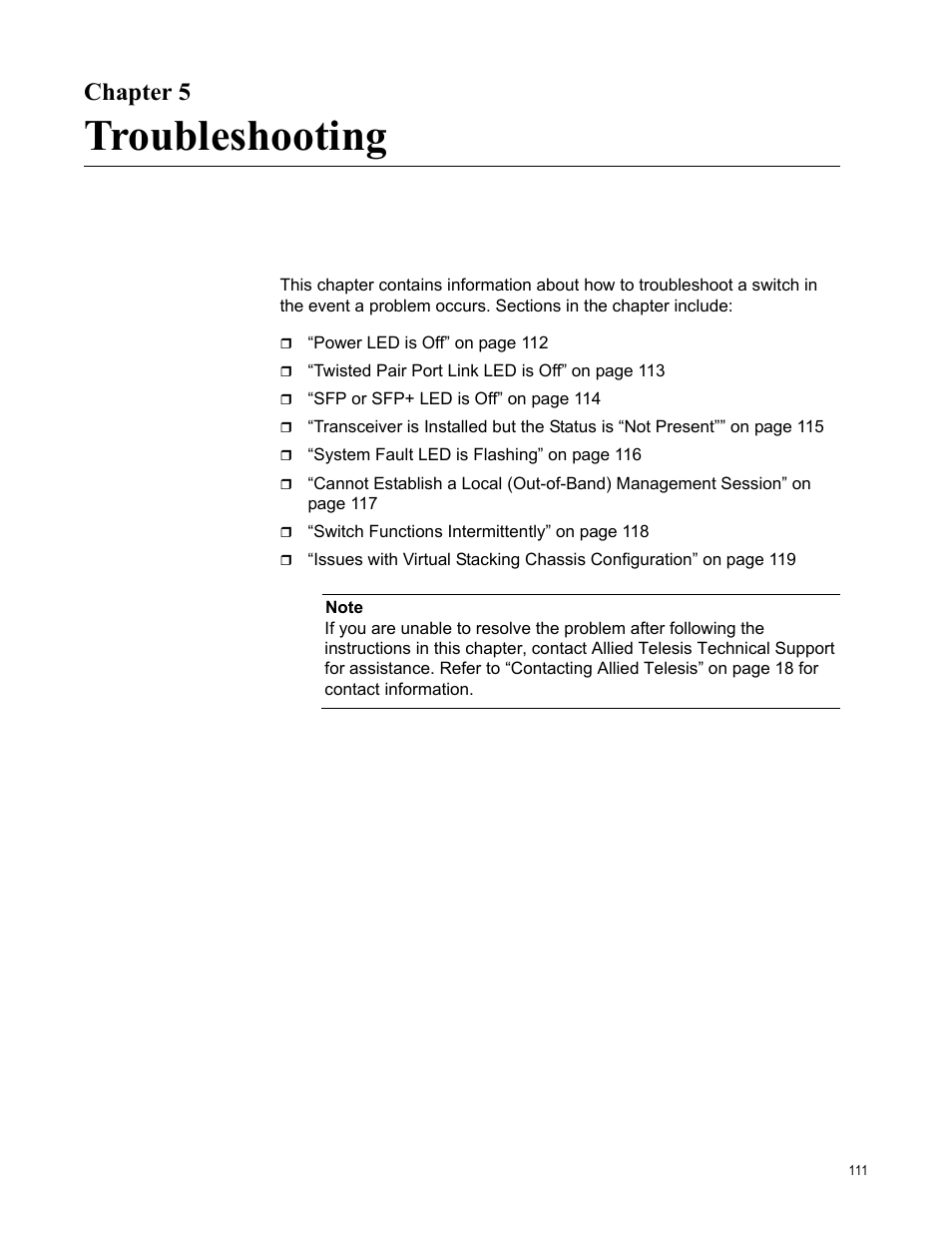 Chapter 5, Troubleshooting, R 5: troubleshooting | Allied Telesis x610 Series Layer 3 User Manual | Page 111 / 128