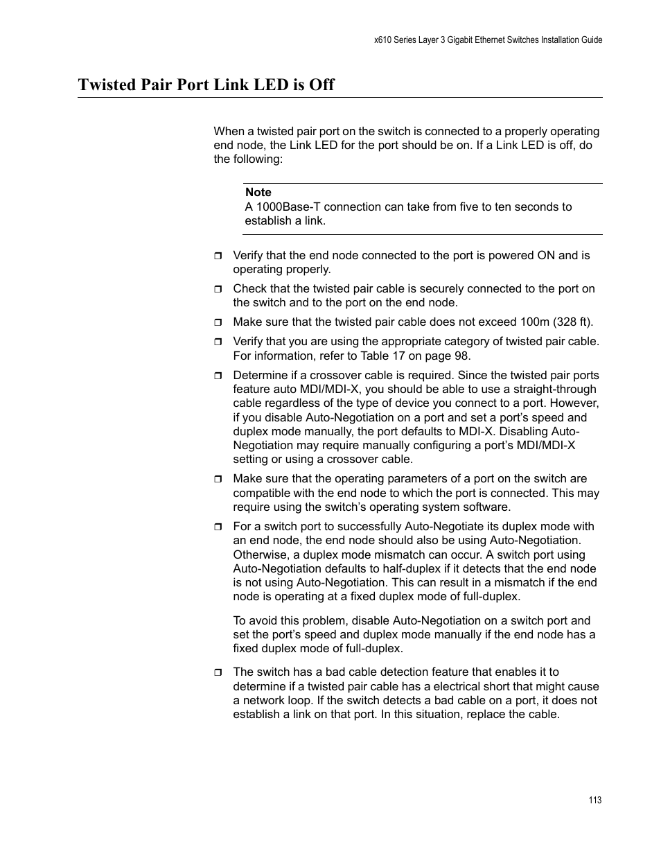 Twisted pair port link led is off | Allied Telesis x610 Series Layer 3 User Manual | Page 113 / 128